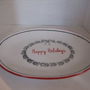 Spectrum Designz Happy Holidays White/Red/Black Oval Ceramic Platter 16in.Lx10.5